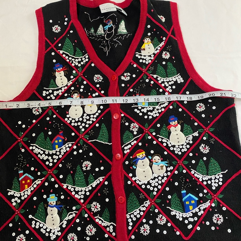 KIM ROGERS Black Sequin Embellished Embroidered Snowman Ugly Sweater Vest PXL - Picture 5 of 6